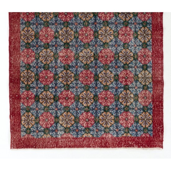 Hand-Made Turkish Rug in Red and Blue Color. Vintage Floral Pattern Carpet. 3.9 x 6.9 Ft (118 x 209 cm)