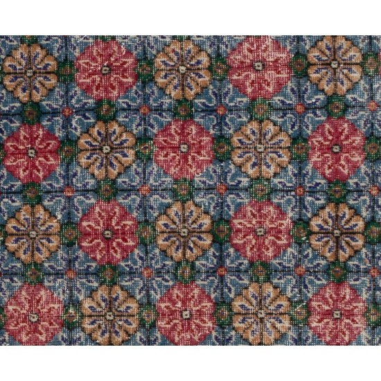 Hand-Made Turkish Rug in Red and Blue Color. Vintage Floral Pattern Carpet. 3.9 x 6.9 Ft (118 x 209 cm)