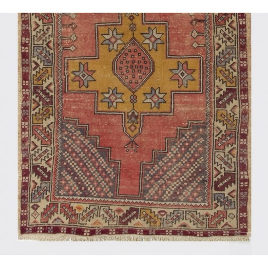 Vintage Handmade Oriental Rug, Traditional Turkish Wool Carpet. 3.9 x 7.4 Ft (118 x 224 cm)