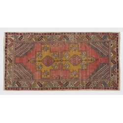 Vintage Handmade Oriental Rug, Traditional Turkish Wool Carpet. 3.9 x 7.4 Ft (118 x 224 cm)