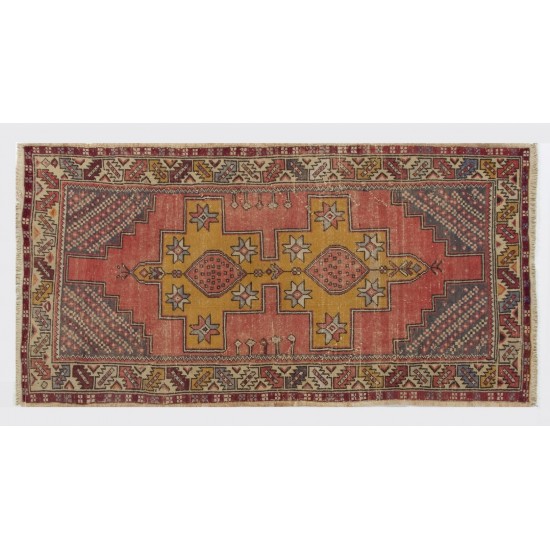 Vintage Handmade Oriental Rug, Traditional Turkish Wool Carpet. 3.9 x 7.4 Ft (118 x 224 cm)