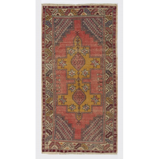 Vintage Handmade Oriental Rug, Traditional Turkish Wool Carpet. 3.9 x 7.4 Ft (118 x 224 cm)