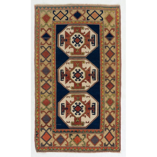 Hand-Knotted Vintage Caucasian Kazak Rug, 100% Wool. 4 x 6.8 Ft (120 x 207 cm)