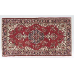 One-of-a-Kind 1960s Handmade Turkish Rug in Red, Dark Blue, Brown and Ivory Color. 4 x 7 Ft (120 x 215 cm)