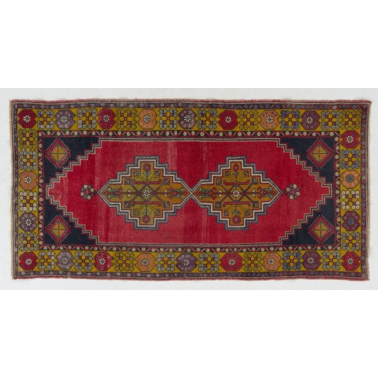 Traditional Handmade Turkish Rug, Mid-Century Oriental Wool Carpet. 4 x 7.7 Ft (120 x 234 cm)