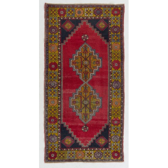 Traditional Handmade Turkish Rug, Mid-Century Oriental Wool Carpet. 4 x 7.7 Ft (120 x 234 cm)