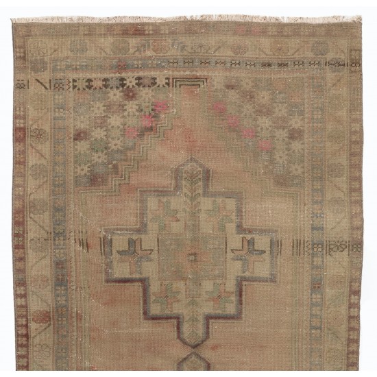 Authentic Handmade Vintage Turkish Tribal Rug with Geometric Detail. 4 x 8.2 Ft (120 x 247 cm)