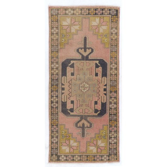 Tribal Stlye Vintage Handmade Turkish Rug with Geometric Medallion Design. 4 x 8.7 Ft (120 x 265 cm)