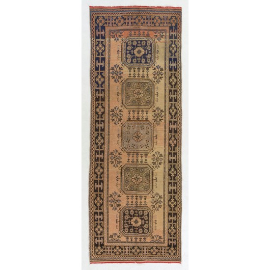 Turkish Runner Rug, Authentic Vintage Handmade Hallway Runner. 4.2 x 11.6 Ft (125 x 352 cm)