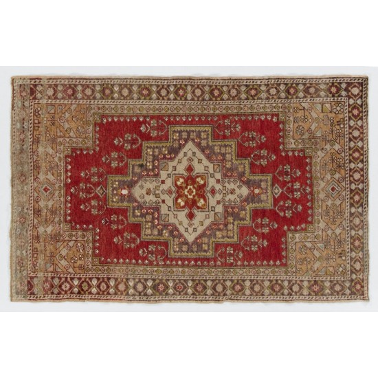 Traditional Handmade Turkish Rug, Mid-Century Oriental Wool Carpet. 4.2 x 6.5 Ft (126 x 196 cm)