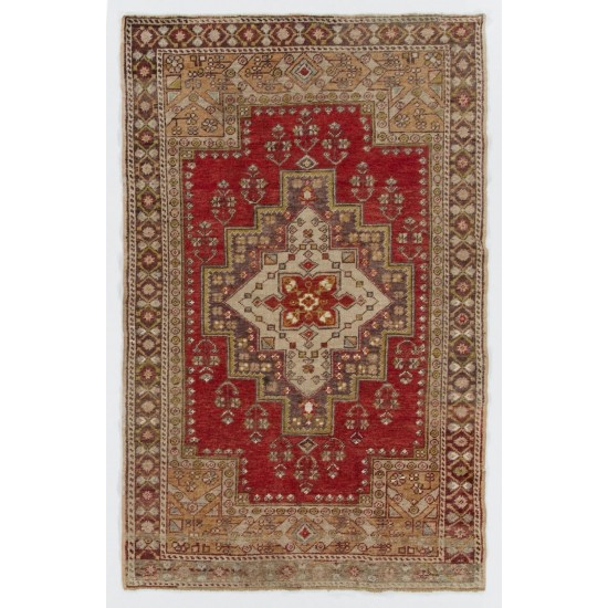 Traditional Handmade Turkish Rug, Mid-Century Oriental Wool Carpet. 4.2 x 6.5 Ft (126 x 196 cm)