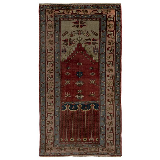 Unique Mid-Century Handmade Turkish Village Rug for Traditional Interiors. 4.2 x 7.8 Ft (126 x 236 cm)