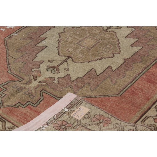 Oriental Carpet from 1960's, Handmade Turkish Rug in Red, Brown and Beige Colors. 4.2 x 9 Ft (127 x 276 cm)