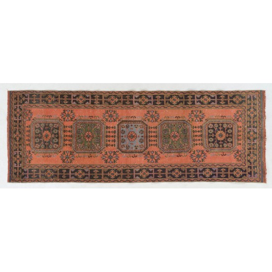 Turkish Runner Rug, Authentic Vintage Handmade Hallway Runner. 4.2 x 11.4 Ft (127 x 347 cm)
