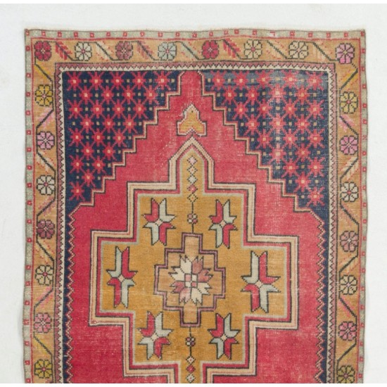 One-of-a-Kind Traditional Handmade Turkish Rug, Mid-Century Oriental Wool Carpet. 4.2 x 8.6 Ft (128 x 262 cm)