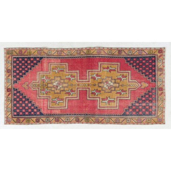One-of-a-Kind Traditional Handmade Turkish Rug, Mid-Century Oriental Wool Carpet. 4.2 x 8.6 Ft (128 x 262 cm)
