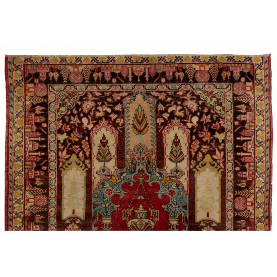 Semi Antique Handmade Central Anatolian Prayer Rug, 100% Wool. 4.3 x 6 Ft (130 x 182 cm)