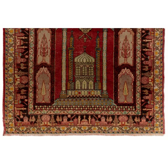 Semi Antique Handmade Central Anatolian Prayer Rug, 100% Wool. 4.3 x 6 Ft (130 x 182 cm)