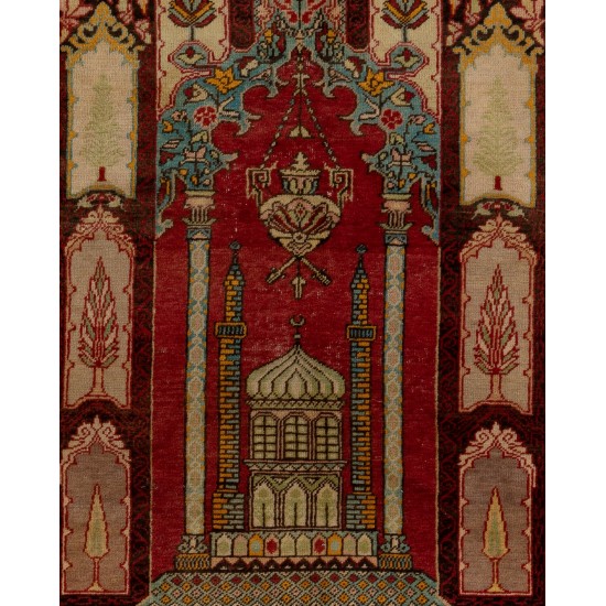 Semi Antique Handmade Central Anatolian Prayer Rug, 100% Wool. 4.3 x 6 Ft (130 x 182 cm)