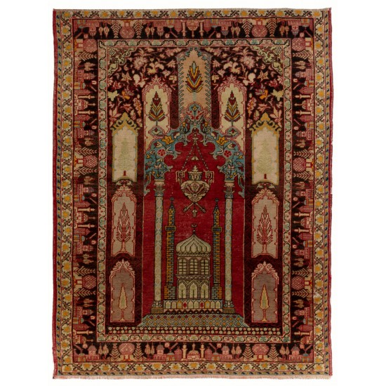 Semi Antique Handmade Central Anatolian Prayer Rug, 100% Wool. 4.3 x 6 Ft (130 x 182 cm)