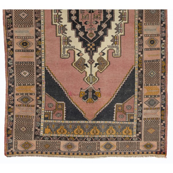 Nice Handmade Vintage Turkish Oriental Wool Rug with Tribal Style. 4.3 x 7.7 Ft (130 x 233 cm)