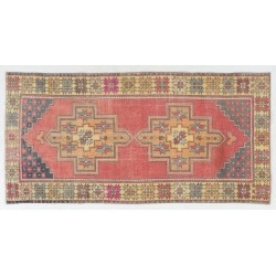 Traditional Handmade Turkish Rug, Unique Vintage Wool Carpet. 4.3 x 8.7 Ft (130 x 263 cm)