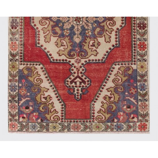 Oriental Carpet from 1960's, Handmade Turkish Rug in Red, Brown and Blue Colors. 4.4 x 7.2 Ft (133 x 218 cm)