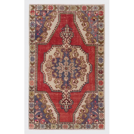 Oriental Carpet from 1960's, Handmade Turkish Rug in Red, Brown and Blue Colors. 4.4 x 7.2 Ft (133 x 218 cm)
