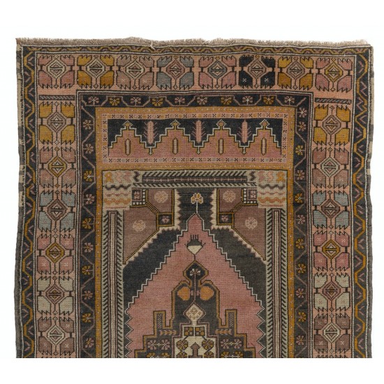 Nice Handmade Vintage Turkish Oriental Wool Rug with Tribal Style. 4.4 x 7.3 Ft (133 x 222 cm)