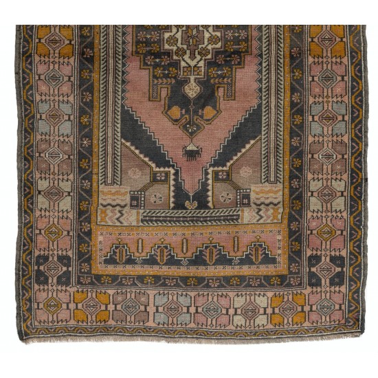 Nice Handmade Vintage Turkish Oriental Wool Rug with Tribal Style. 4.4 x 7.3 Ft (133 x 222 cm)