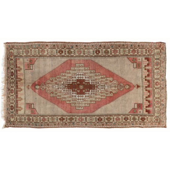 Handmade Turkish Village Rug, Vintage Wool Carpet with Medallion Design. 4.5 x 8.6 Ft (135 x 260 cm)