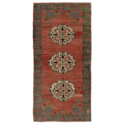 Handmade Turkish Karapinar Wool Runner Rug, Vintage Wool Carpet. 4.6 x 9.3 Ft (138 x 281 cm)