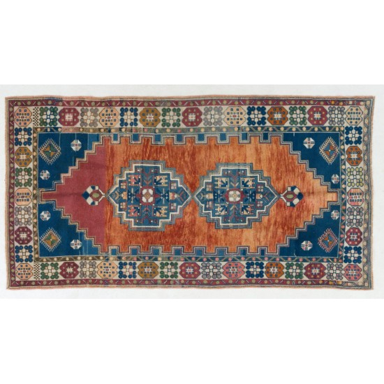 One-of-a-Kind 1960s Handmade Turkish Oriental Rug, 100% Wool. 4.6 x 8.8 Ft (140 x 266 cm)