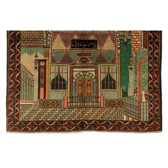 One-of-a-Kind Pictorial 1930s Konya Rug Depicting Tomb of Scholar Mevlana (Rumi). 4.7 x 6 Ft (142 x 183 cm)