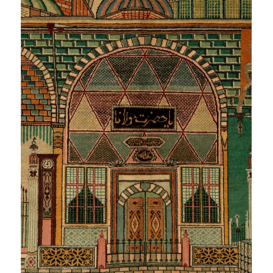 One-of-a-Kind Pictorial 1930s Konya Rug Depicting Tomb of Scholar Mevlana (Rumi). 4.7 x 6 Ft (142 x 183 cm)