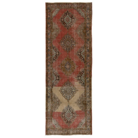 Vintage Turkish Runner Rug, Traditional Handmade Hallway Runner. 4.7 x 12.9 Ft (142 x 393 cm)