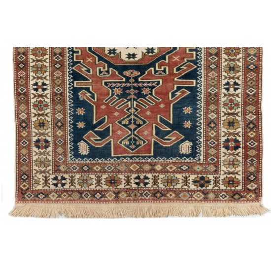 Unique Vintage Handmade Turkish Rug with Tribal Style. 4.8 x 6 Ft (145 x 183 cm)