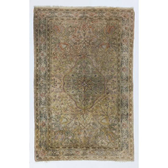 Oriental Carpet from 1960's, Handmade Turkish Rug in Red, Brown and Beige Colors. 4.9 x 7.4 Ft (148 x 225 cm)
