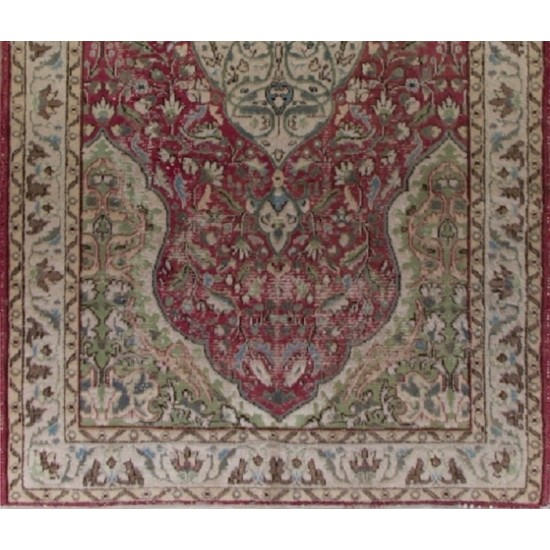 One of a pair Vintage Handmade Medallion Design Turkish Rug in Red and Green Color. 5.6 x 9.4 Ft (170 x 285 cm)