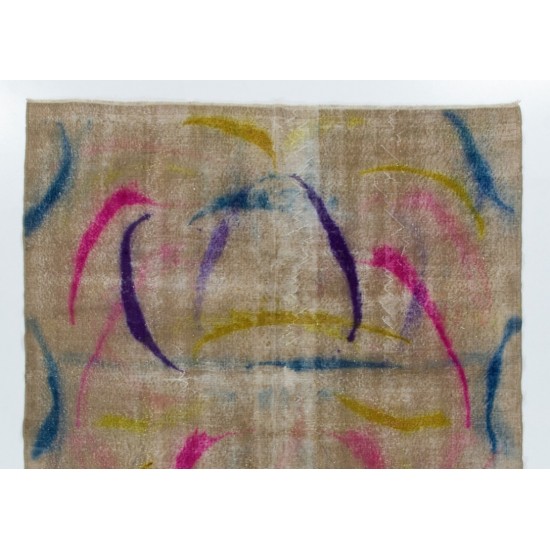 Colorful Vintage Handmade Turkish Rug in Beige, Blue, Purple, Pink and Yellow colors. 6.9 x 9.9 Ft (208 x 300 cm)
