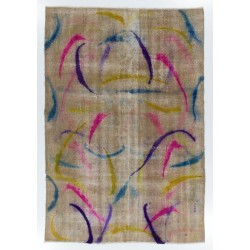 Colorful Vintage Handmade Turkish Rug in Beige, Blue, Purple, Pink and Yellow colors. 6.9 x 9.9 Ft (208 x 300 cm)