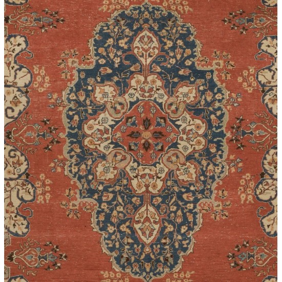 Vintage Handmade Turkish Oriental Rug. Red, Navy Blue and Beige Color Carpet. 6.9 x 10 Ft (208 x 303 cm)