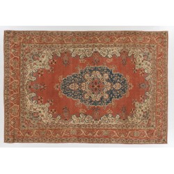 Vintage Handmade Turkish Oriental Rug. Red, Navy Blue and Beige Color Carpet. 6.9 x 10 Ft (208 x 303 cm)