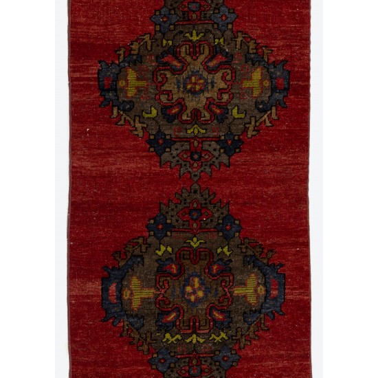 Narrow Turkish Runner Rug, Authentic Vintage Handmade Hallway Runner. 2.5 x 11.3 Ft (75 x 342 cm)