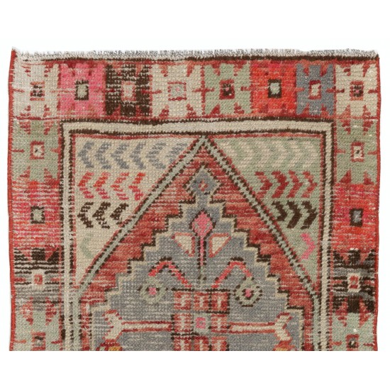 Vintage Oriental Rug, Hand-Knotted Turkish Village Carpet. 2.6 x 5.9 Ft (77 x 177 cm)