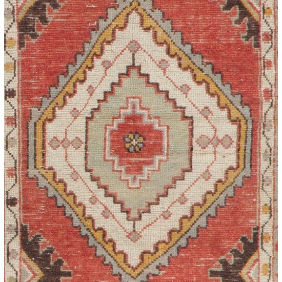 Vintage Turkish Handmade Rug. Red, Ivory, Mint Green and Rust color Carpet. 2.6 x 5.7 Ft (78 x 171 cm)