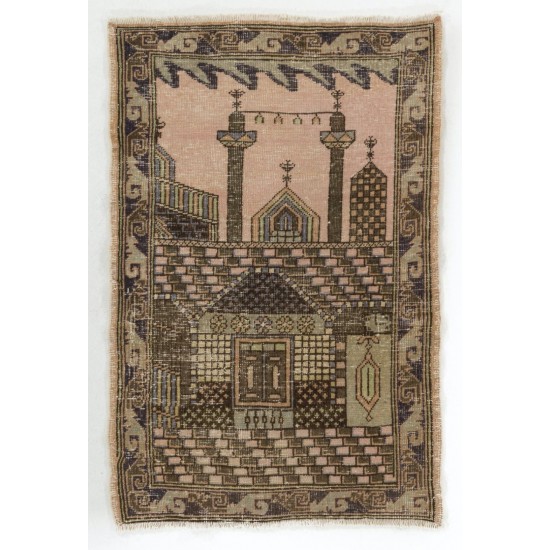Vintage Handmade Prayer Rug from Konya / Turkey. 2.7 x 4 Ft (80 x 124 cm)
