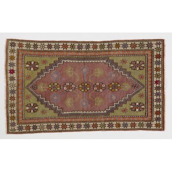 Small Hand-Knotted Vintage Turkish Accent Wool Rug. 2.7 x 4.8 Ft (82 x 145 cm)