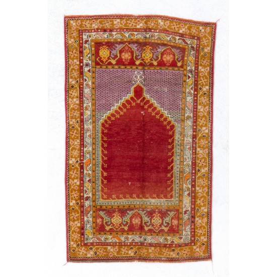 Decorative Vintage Handmade Central Anatolian Prayer Rug. 2.9 x 4.8 Ft (88 x 144 cm)
