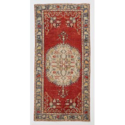 Mid-Century Turkish Handmade Wool Accent Rug for Country Home, Rustic Decor. 3 x 6.4 Ft (90 x 193 cm)